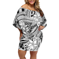Polynesia Family Matching Off Shoulder Short Dress and Hawaiian Shirt Tribal Polynesian Spirit With White Pacific Flowers LT9 - Wonder Print Shop