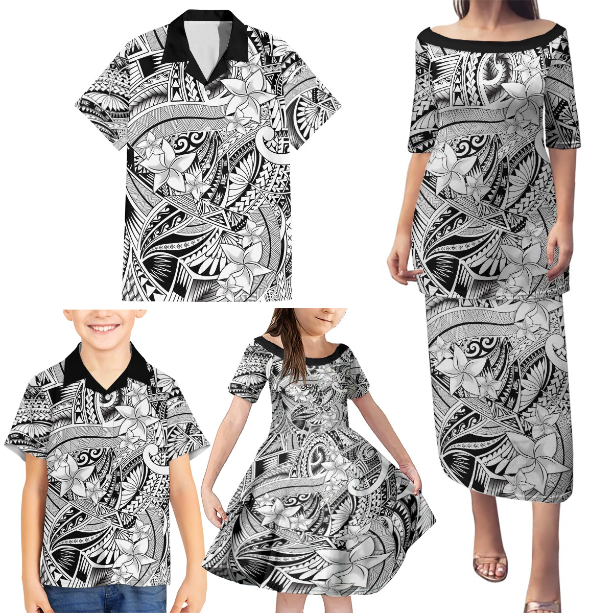 Polynesia Family Matching Puletasi Dress and Hawaiian Shirt Tribal Polynesian Spirit With White Pacific Flowers - Wonder Print Shop