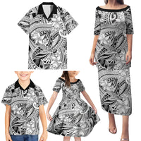 Polynesia Family Matching Puletasi Dress and Hawaiian Shirt Tribal Polynesian Spirit With White Pacific Flowers - Wonder Print Shop