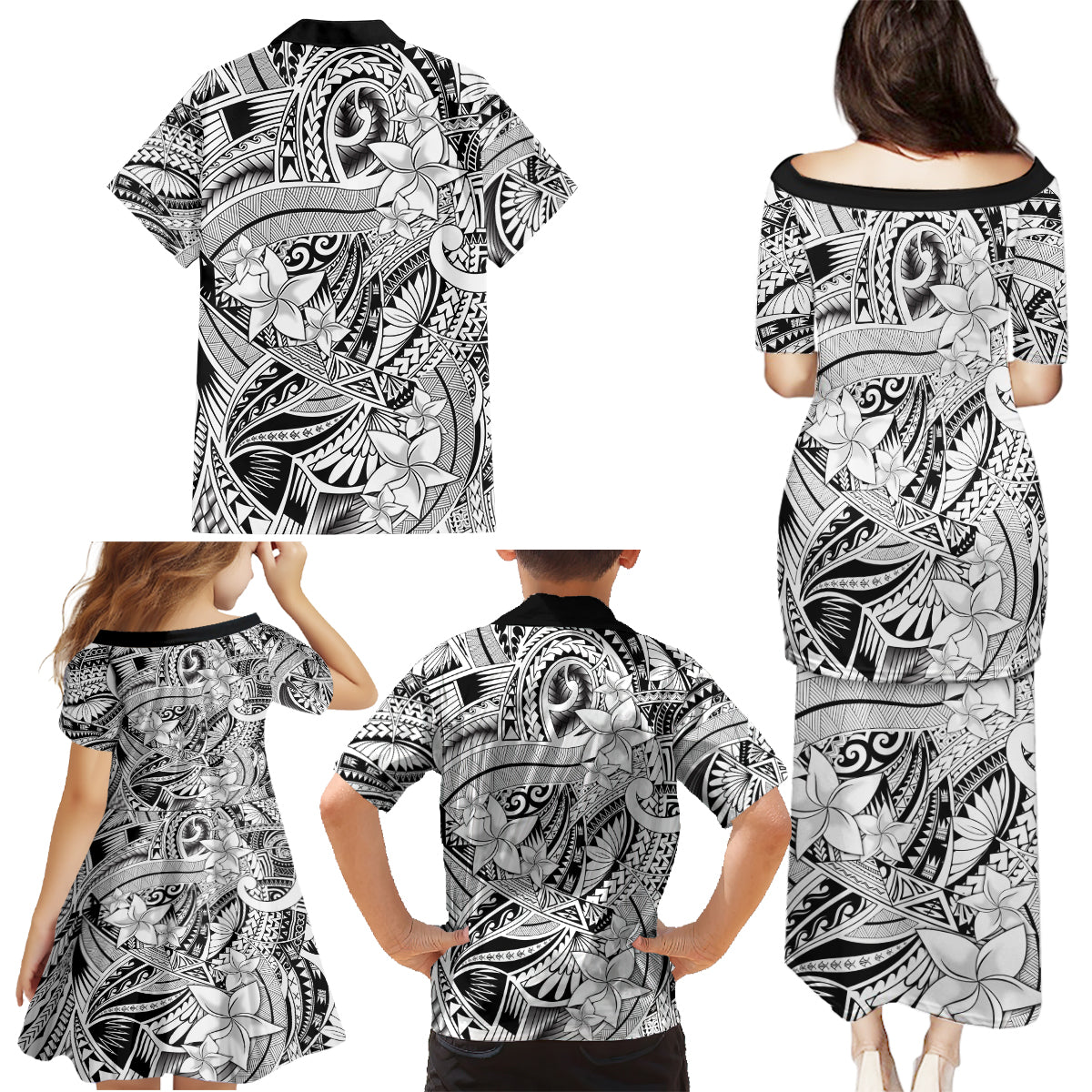 Polynesia Family Matching Puletasi Dress and Hawaiian Shirt Tribal Polynesian Spirit With White Pacific Flowers - Wonder Print Shop