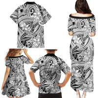 Polynesia Family Matching Puletasi Dress and Hawaiian Shirt Tribal Polynesian Spirit With White Pacific Flowers - Wonder Print Shop