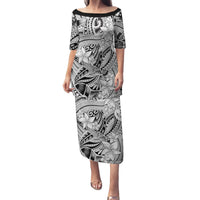 Polynesia Family Matching Puletasi Dress and Hawaiian Shirt Tribal Polynesian Spirit With White Pacific Flowers - Wonder Print Shop