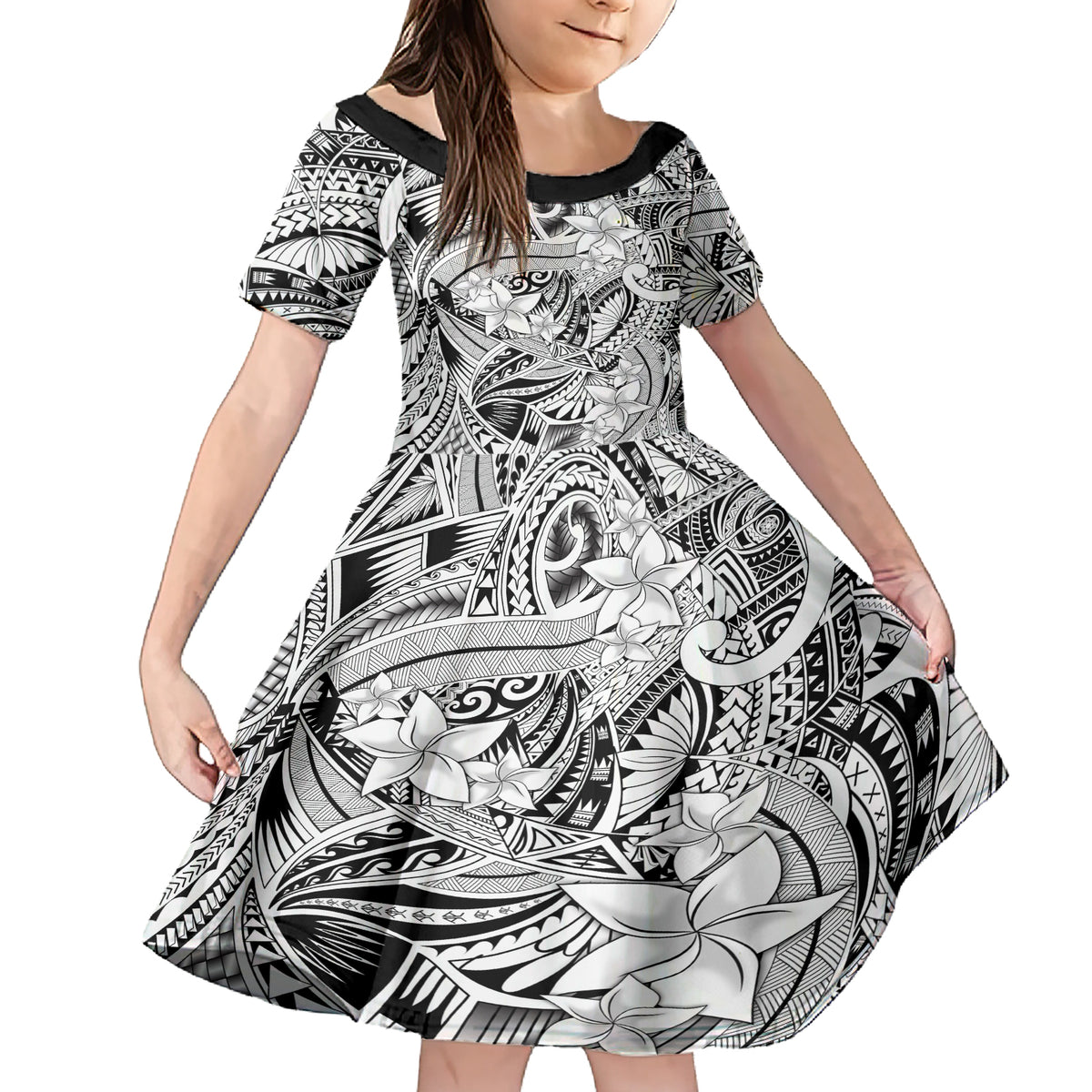 Polynesia Family Matching Short Sleeve Bodycon Dress and Hawaiian Shirt Tribal Polynesian Spirit With White Pacific Flowers - Wonder Print Shop