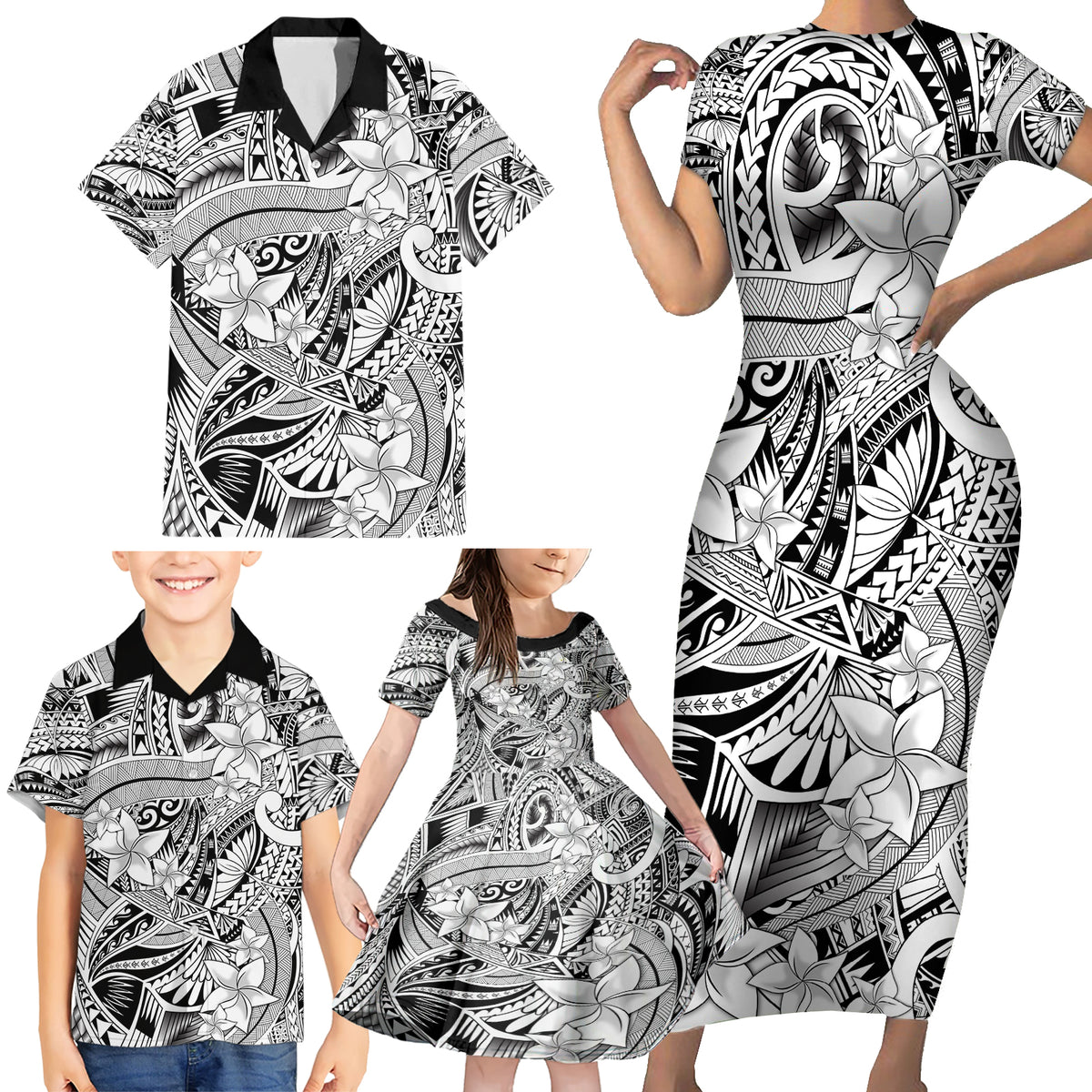 Polynesia Family Matching Short Sleeve Bodycon Dress and Hawaiian Shirt Tribal Polynesian Spirit With White Pacific Flowers - Wonder Print Shop