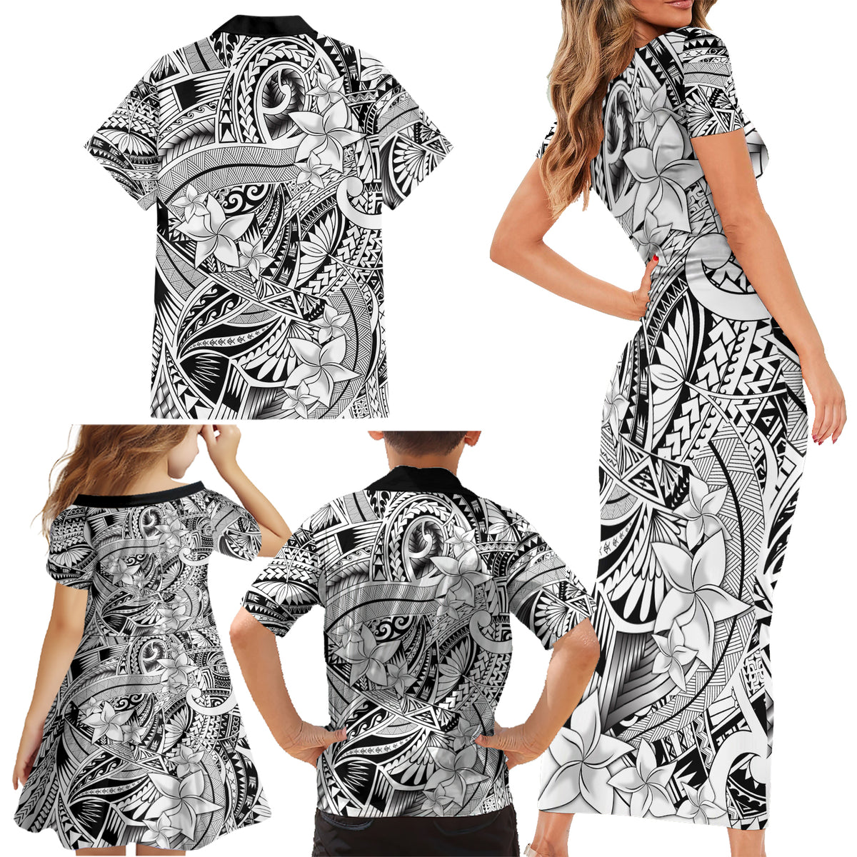Polynesia Family Matching Short Sleeve Bodycon Dress and Hawaiian Shirt Tribal Polynesian Spirit With White Pacific Flowers - Wonder Print Shop