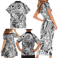 Polynesia Family Matching Short Sleeve Bodycon Dress and Hawaiian Shirt Tribal Polynesian Spirit With White Pacific Flowers - Wonder Print Shop