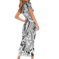 Polynesia Family Matching Short Sleeve Bodycon Dress and Hawaiian Shirt Tribal Polynesian Spirit With White Pacific Flowers - Wonder Print Shop
