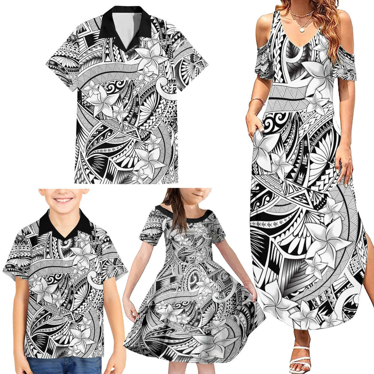 Polynesia Family Matching Summer Maxi Dress and Hawaiian Shirt Tribal Polynesian Spirit With White Pacific Flowers - Wonder Print Shop