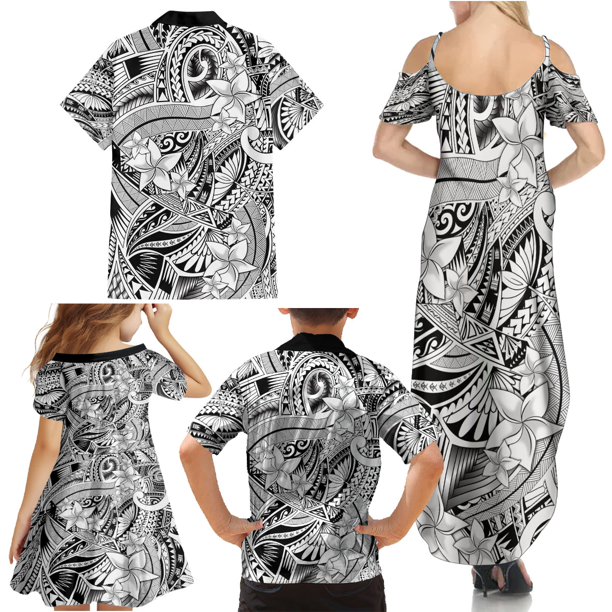 Polynesia Family Matching Summer Maxi Dress and Hawaiian Shirt Tribal Polynesian Spirit With White Pacific Flowers - Wonder Print Shop