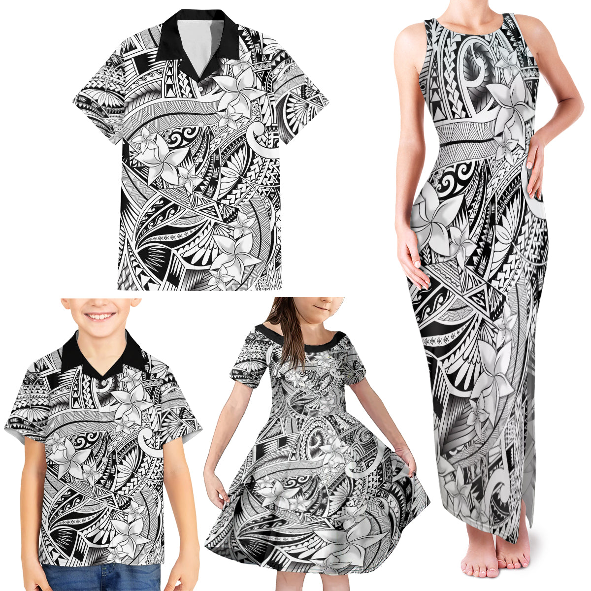 Polynesia Family Matching Tank Maxi Dress and Hawaiian Shirt Tribal Polynesian Spirit With White Pacific Flowers - Wonder Print Shop