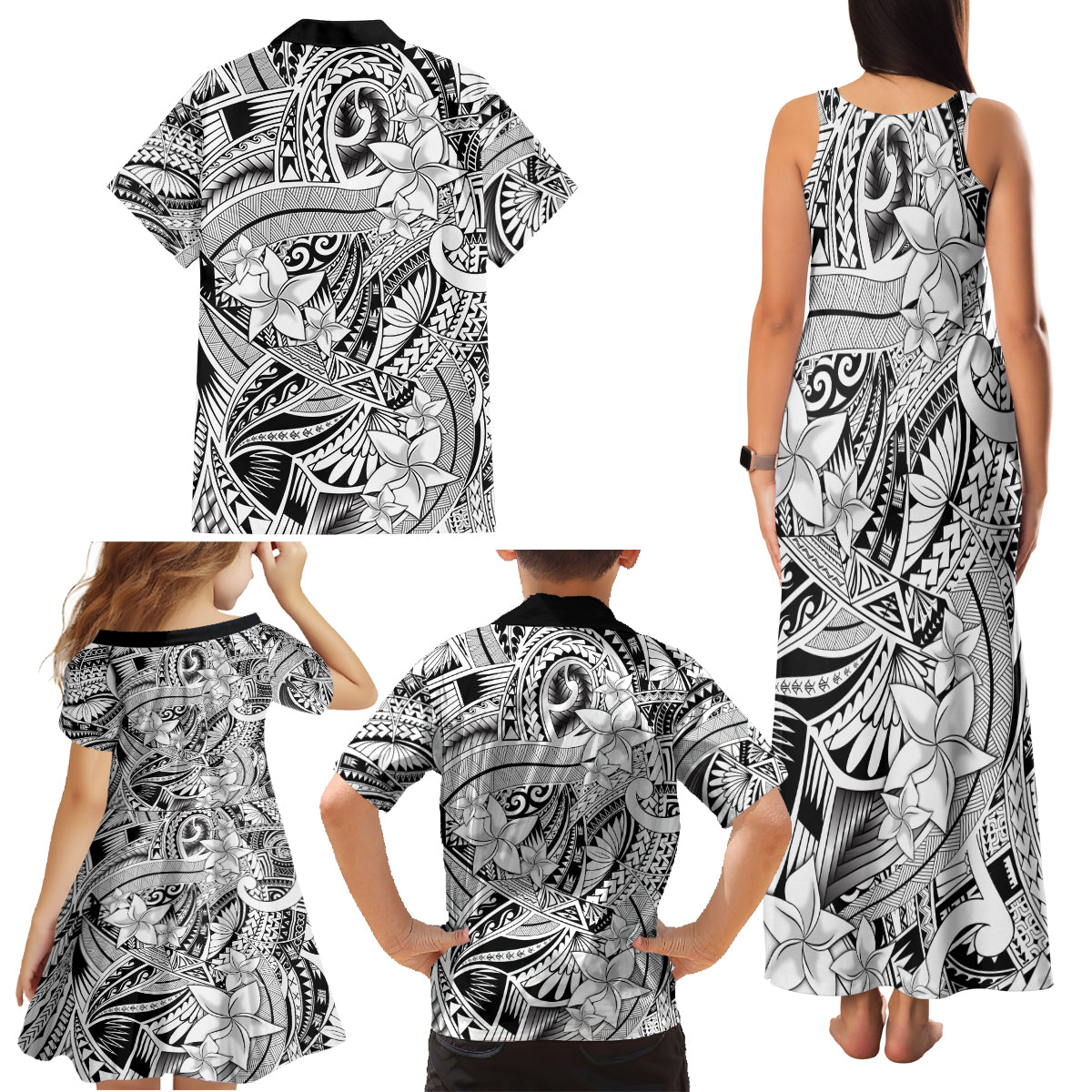Polynesia Family Matching Tank Maxi Dress and Hawaiian Shirt Tribal Polynesian Spirit With White Pacific Flowers - Wonder Print Shop