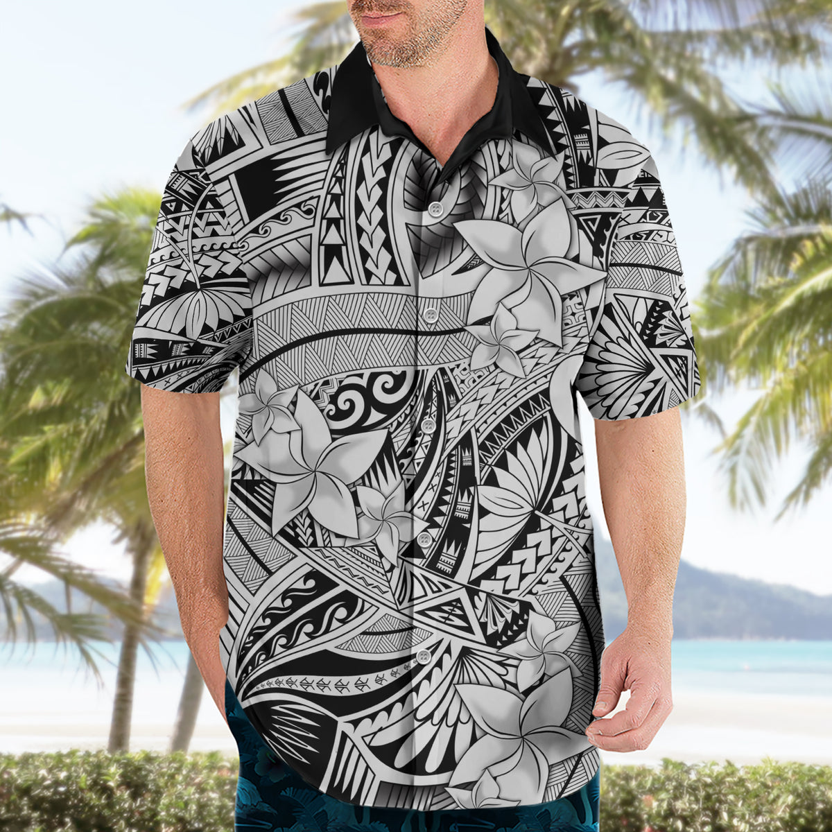 Polynesia Hawaiian Shirt Tribal Polynesian Spirit With White Pacific Flowers - Wonder Print Shop
