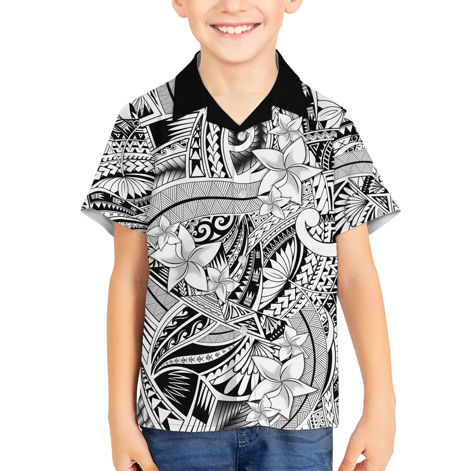 Polynesia Kid Hawaiian Shirt Tribal Polynesian Spirit With White Pacific Flowers - Wonder Print Shop