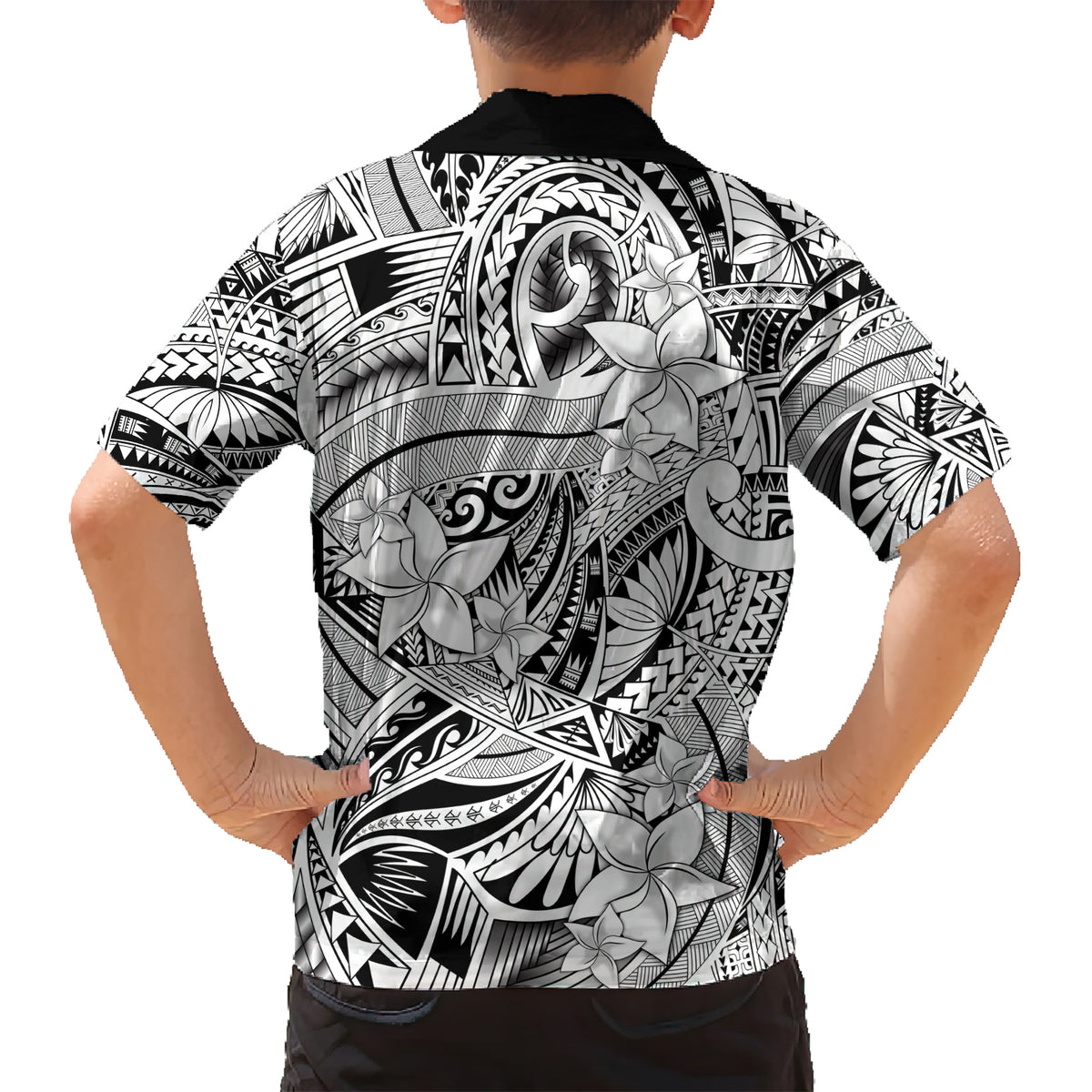 Polynesia Kid Hawaiian Shirt Tribal Polynesian Spirit With White Pacific Flowers - Wonder Print Shop