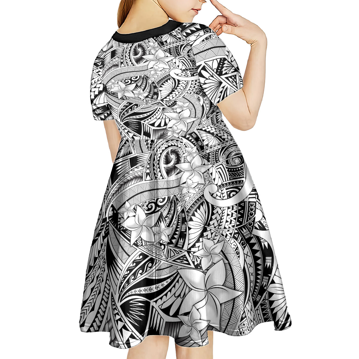 Polynesia Kid Short Sleeve Dress Tribal Polynesian Spirit With White Pacific Flowers - Wonder Print Shop