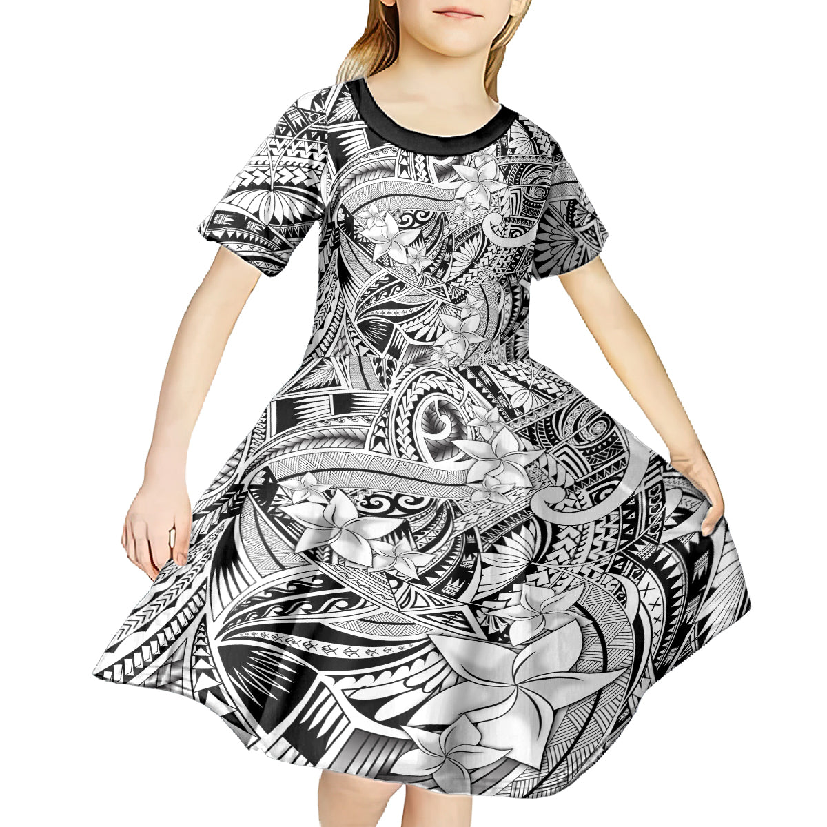 Polynesia Kid Short Sleeve Dress Tribal Polynesian Spirit With White Pacific Flowers - Wonder Print Shop