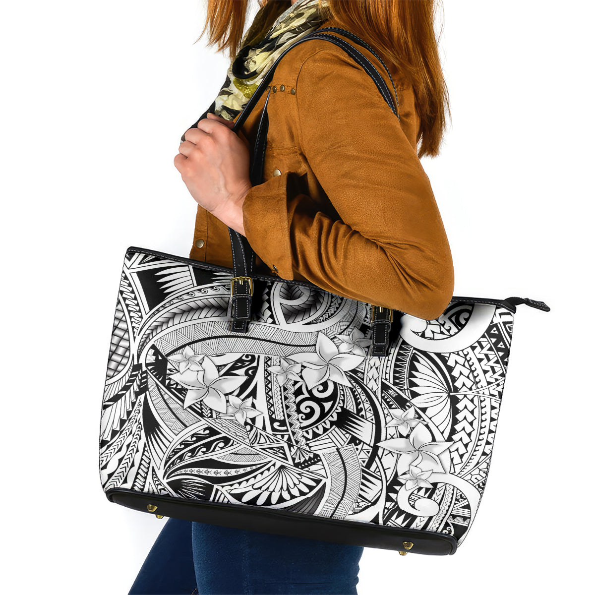 Polynesia Leather Tote Bag Tribal Polynesian Spirit With White Pacific Flowers - Wonder Print Shop