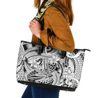 Polynesia Leather Tote Bag Tribal Polynesian Spirit With White Pacific Flowers - Wonder Print Shop