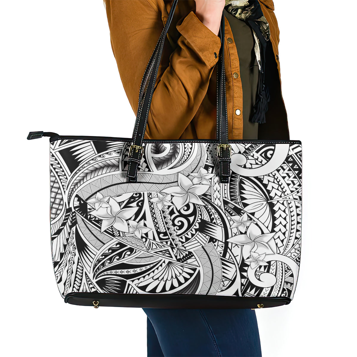 Polynesia Leather Tote Bag Tribal Polynesian Spirit With White Pacific Flowers - Wonder Print Shop