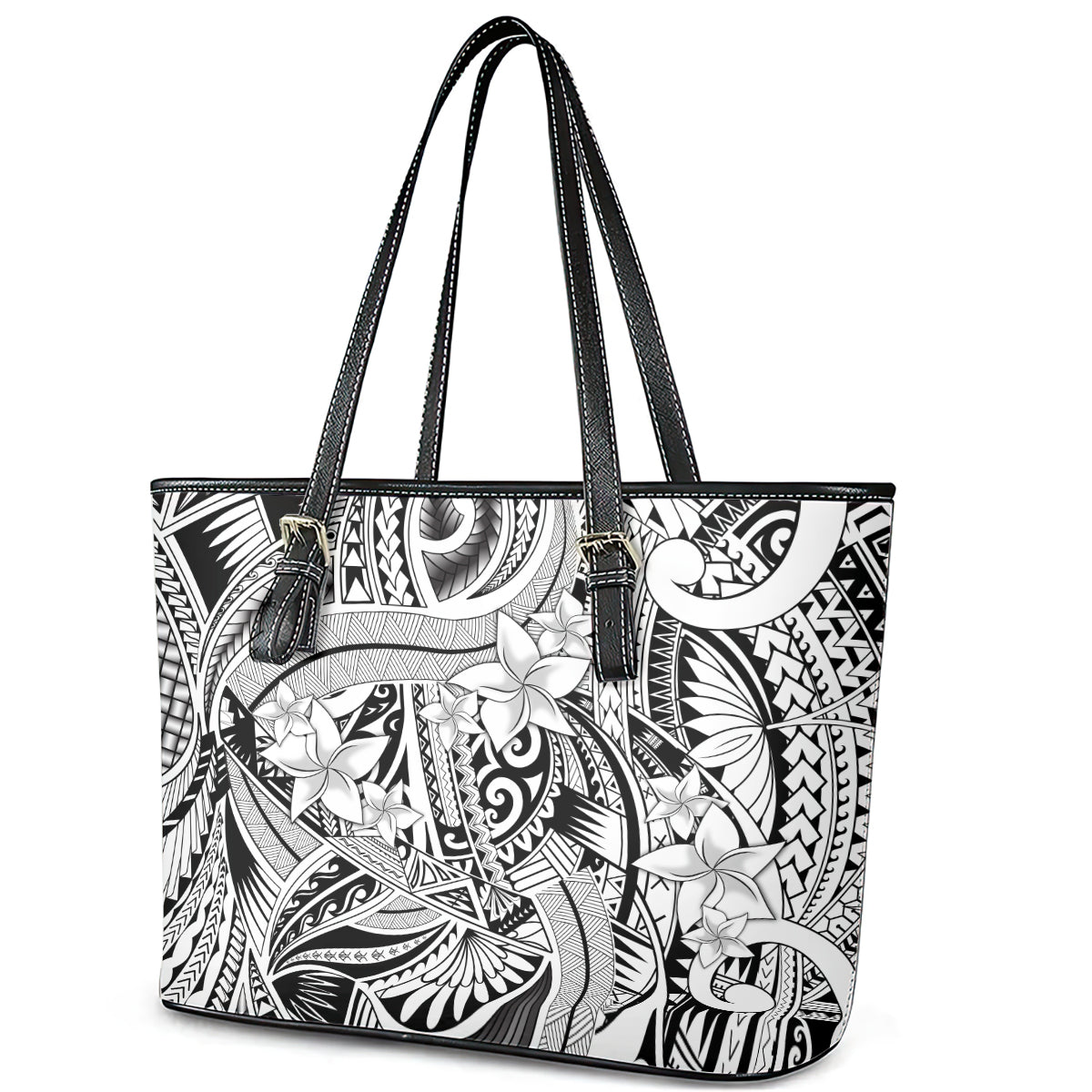 Polynesia Leather Tote Bag Tribal Polynesian Spirit With White Pacific Flowers - Wonder Print Shop