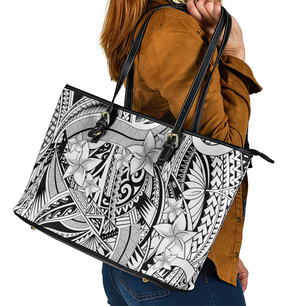 Polynesia Leather Tote Bag Tribal Polynesian Spirit With White Pacific Flowers - Wonder Print Shop