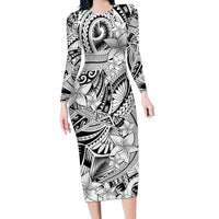 Polynesia Long Sleeve Bodycon Dress Tribal Polynesian Spirit With White Pacific Flowers - Wonder Print Shop