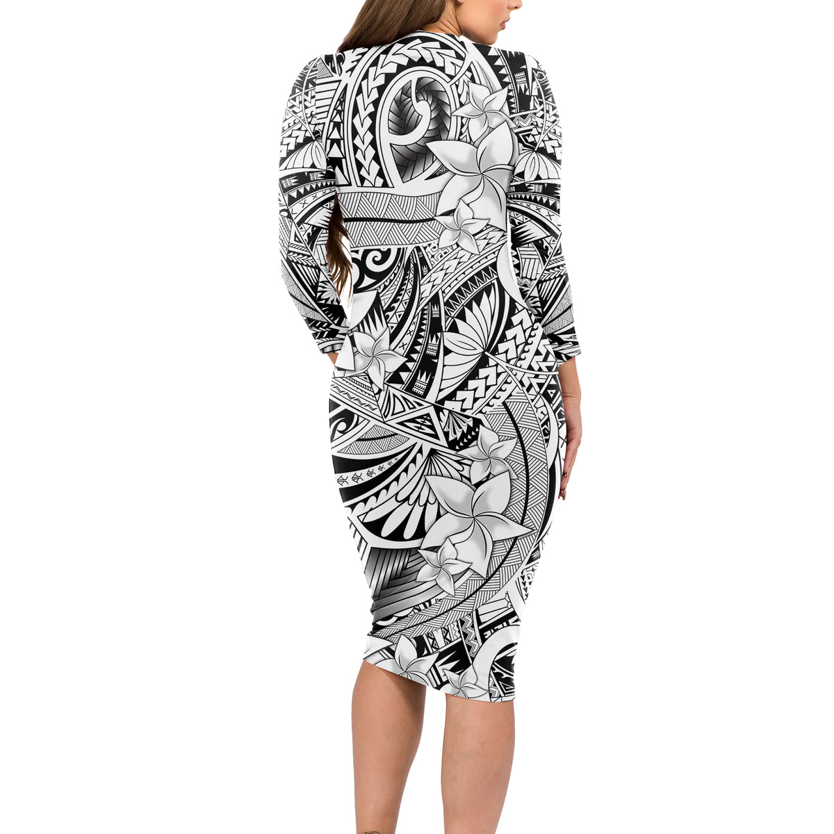 Polynesia Long Sleeve Bodycon Dress Tribal Polynesian Spirit With White Pacific Flowers - Wonder Print Shop