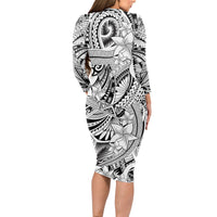Polynesia Long Sleeve Bodycon Dress Tribal Polynesian Spirit With White Pacific Flowers - Wonder Print Shop