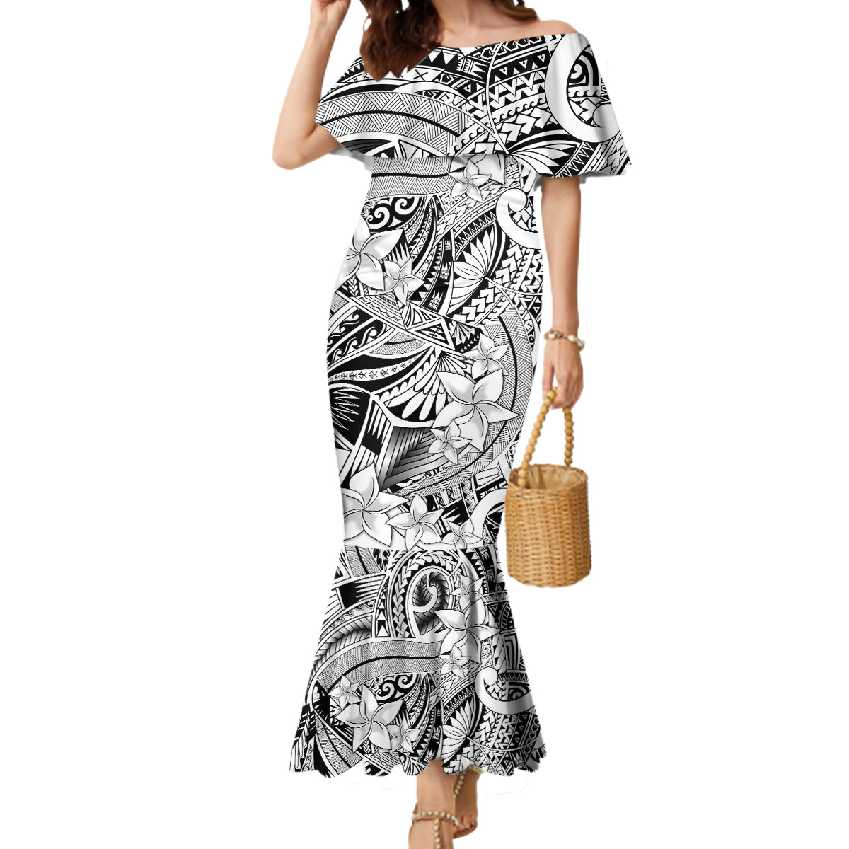 Polynesia Mermaid Dress Tribal Polynesian Spirit With White Pacific Flowers - Wonder Print Shop