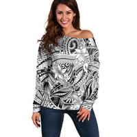 Polynesia Off Shoulder Sweater Tribal Polynesian Spirit With White Pacific Flowers - Wonder Print Shop