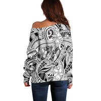 Polynesia Off Shoulder Sweater Tribal Polynesian Spirit With White Pacific Flowers - Wonder Print Shop