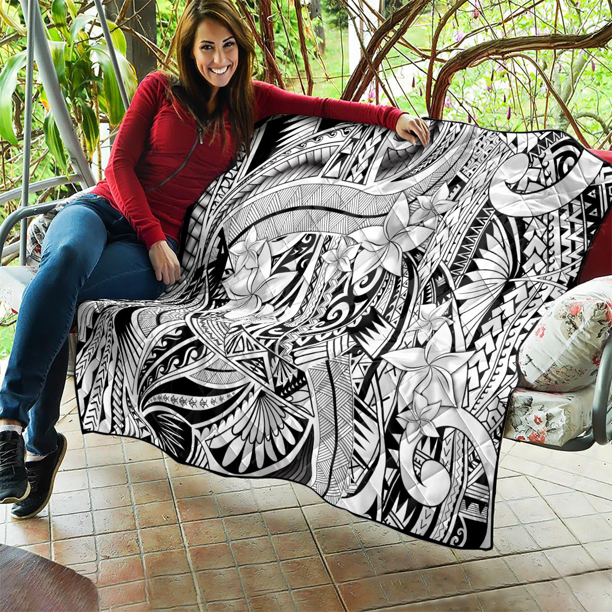 Polynesia Quilt Tribal Polynesian Spirit With White Pacific Flowers - Wonder Print Shop