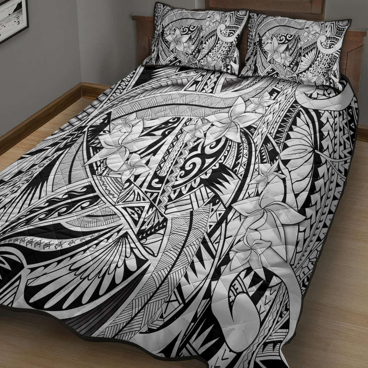 Polynesia Quilt Bed Set Tribal Polynesian Spirit With White Pacific Flowers - Wonder Print Shop