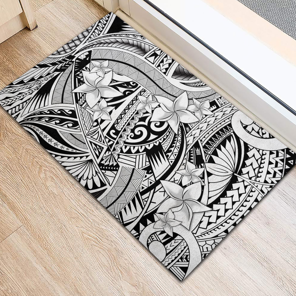 Polynesia Rubber Doormat Tribal Polynesian Spirit With White Pacific Flowers - Wonder Print Shop