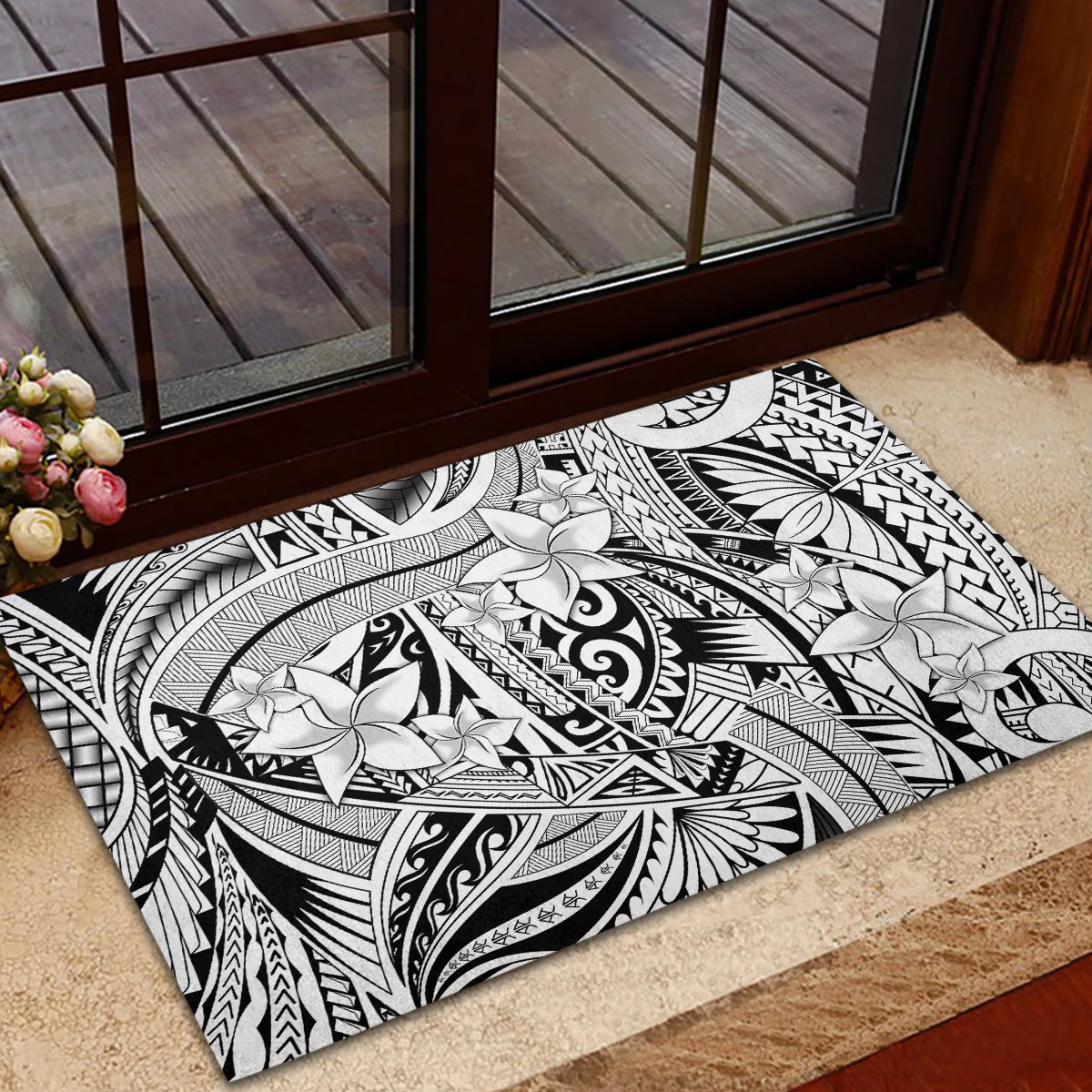 Polynesia Rubber Doormat Tribal Polynesian Spirit With White Pacific Flowers - Wonder Print Shop