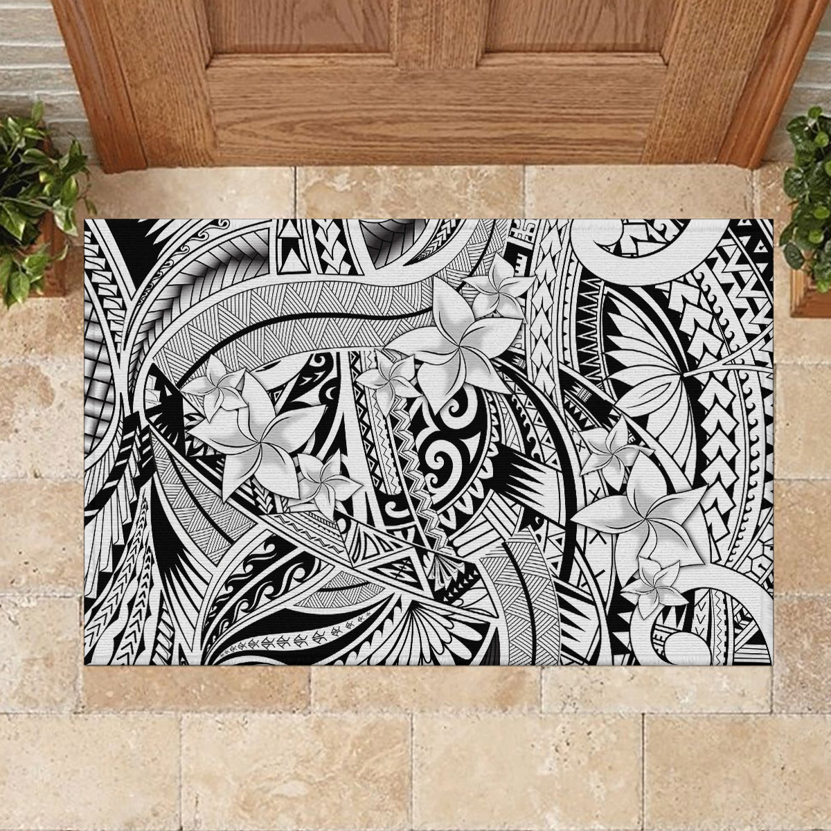 Polynesia Rubber Doormat Tribal Polynesian Spirit With White Pacific Flowers - Wonder Print Shop