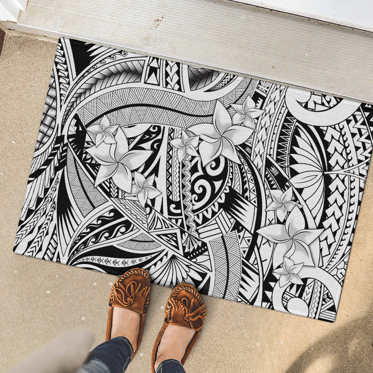Polynesia Rubber Doormat Tribal Polynesian Spirit With White Pacific Flowers - Wonder Print Shop