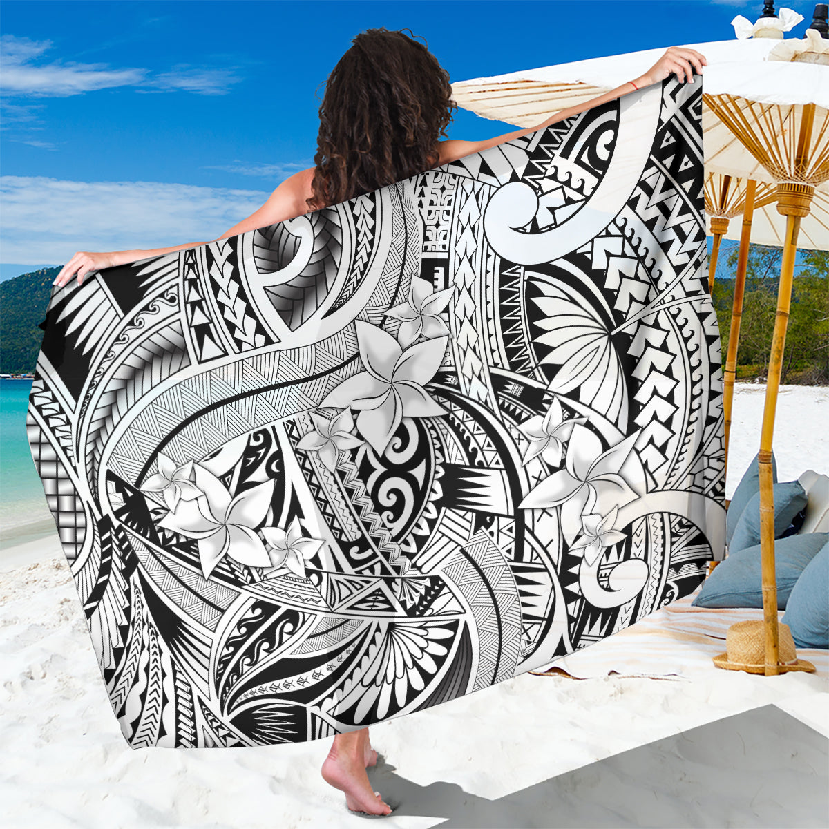 Polynesia Sarong Tribal Polynesian Spirit With White Pacific Flowers - Wonder Print Shop