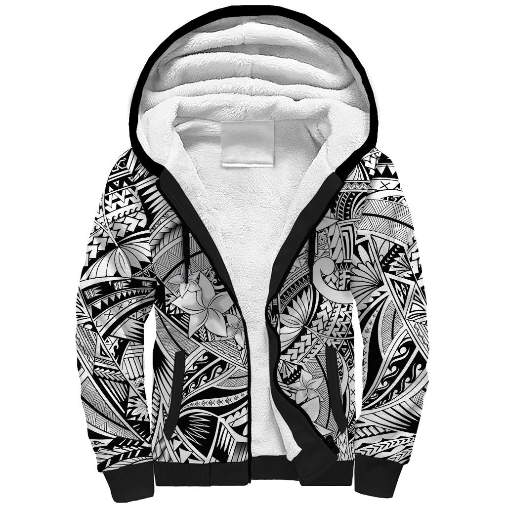 Polynesia Sherpa Hoodie Tribal Polynesian Spirit With White Pacific Flowers - Wonder Print Shop