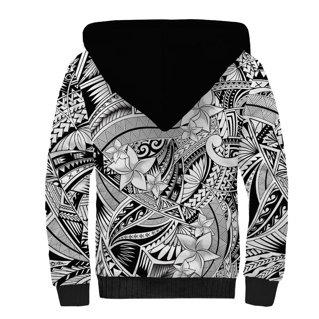 Polynesia Sherpa Hoodie Tribal Polynesian Spirit With White Pacific Flowers - Wonder Print Shop