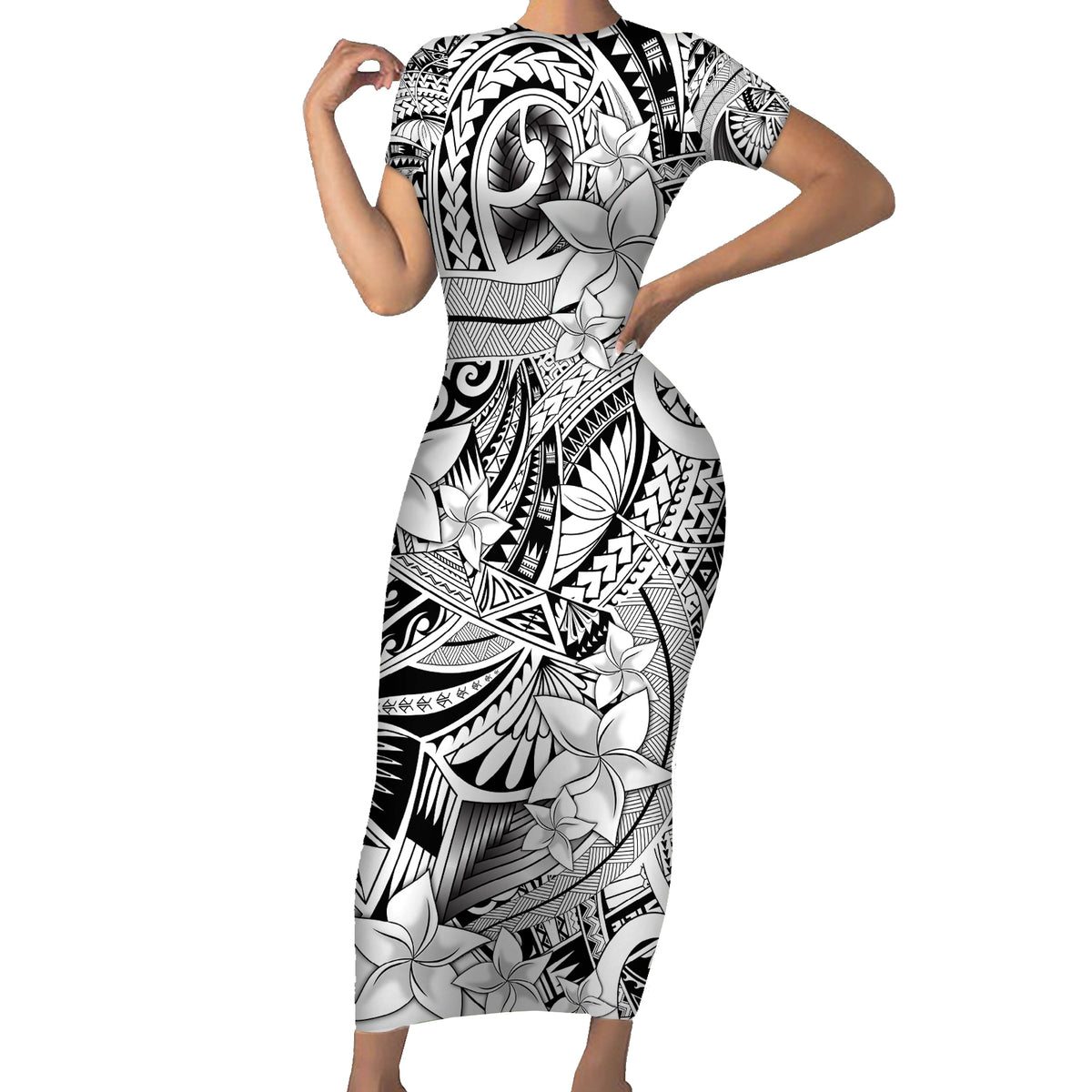Polynesia Short Sleeve Bodycon Dress Tribal Polynesian Spirit With White Pacific Flowers - Wonder Print Shop