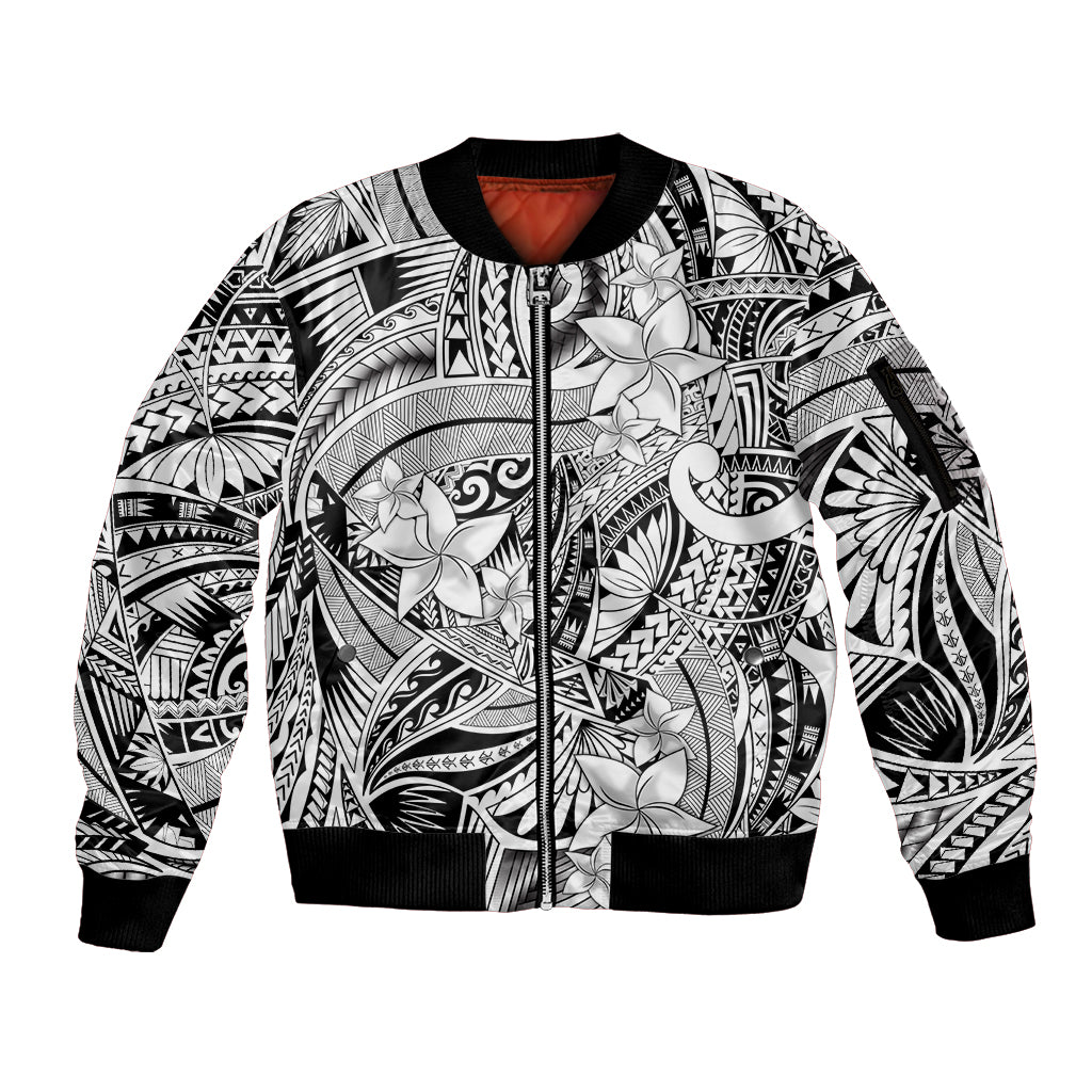 Polynesia Sleeve Zip Bomber Jacket Tribal Polynesian Spirit With White Pacific Flowers - Wonder Print Shop