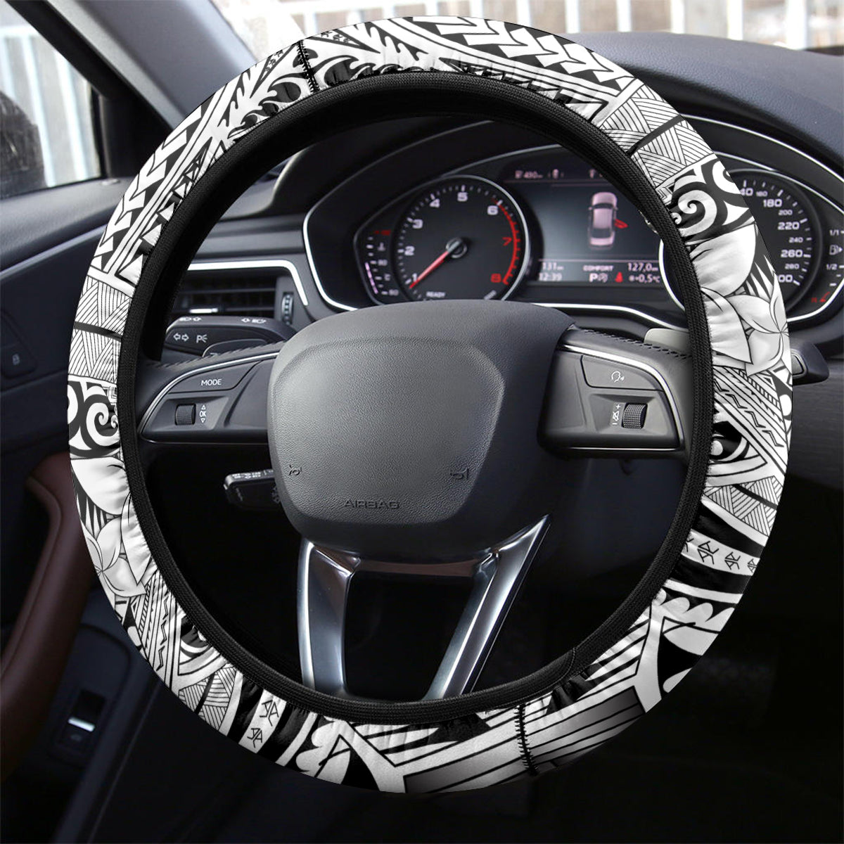 Polynesia Steering Wheel Cover Tribal Polynesian Spirit With White Pacific Flowers - Wonder Print Shop