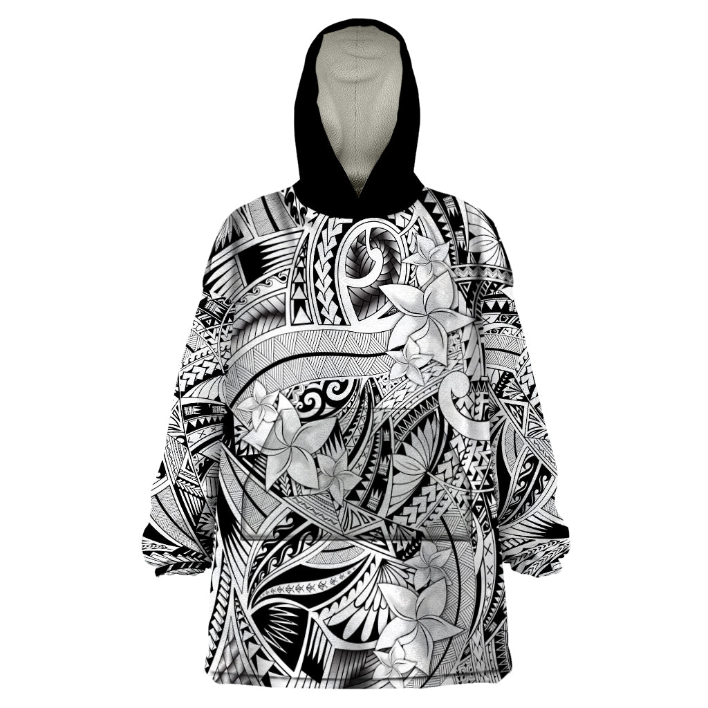 Polynesia Wearable Blanket Hoodie Tribal Polynesian Spirit With White Pacific Flowers - Wonder Print Shop