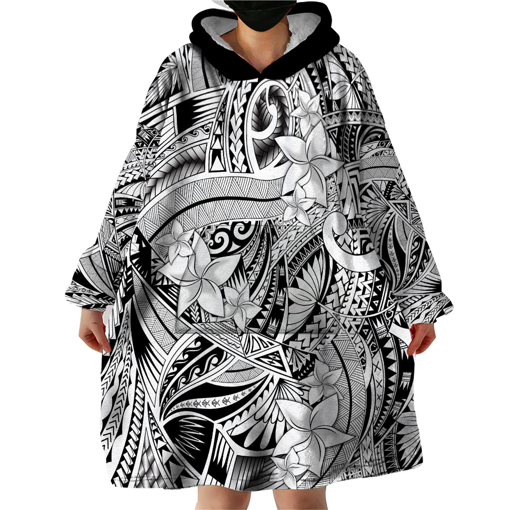 Polynesia Wearable Blanket Hoodie Tribal Polynesian Spirit With White Pacific Flowers - Wonder Print Shop