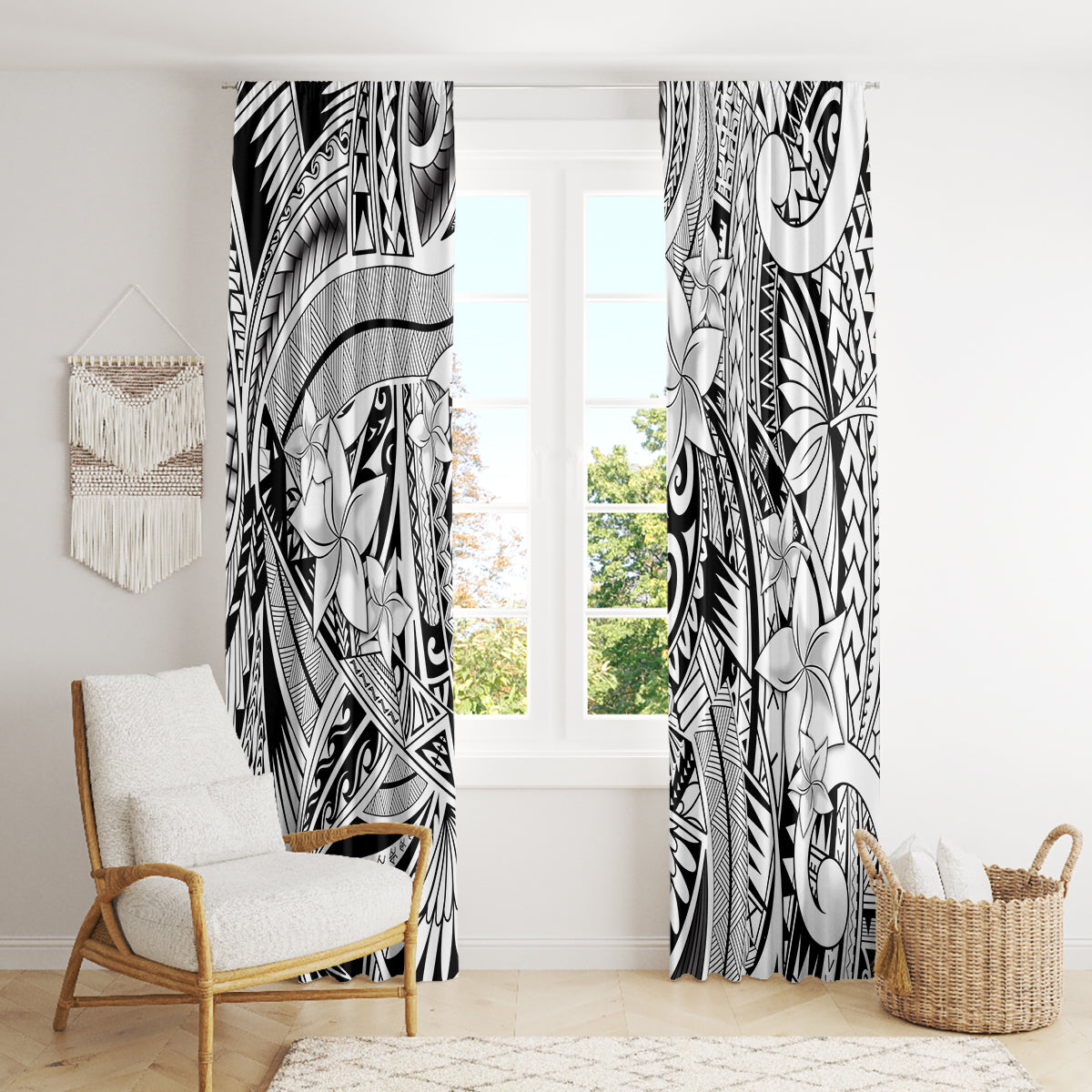 Polynesia Window Curtain Tribal Polynesian Spirit With White Pacific Flowers - Wonder Print Shop