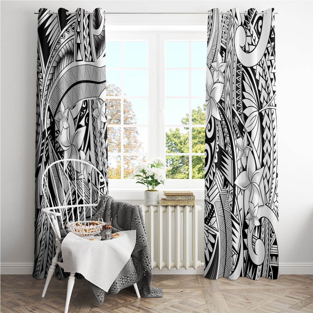 Polynesia Window Curtain Tribal Polynesian Spirit With White Pacific Flowers - Wonder Print Shop