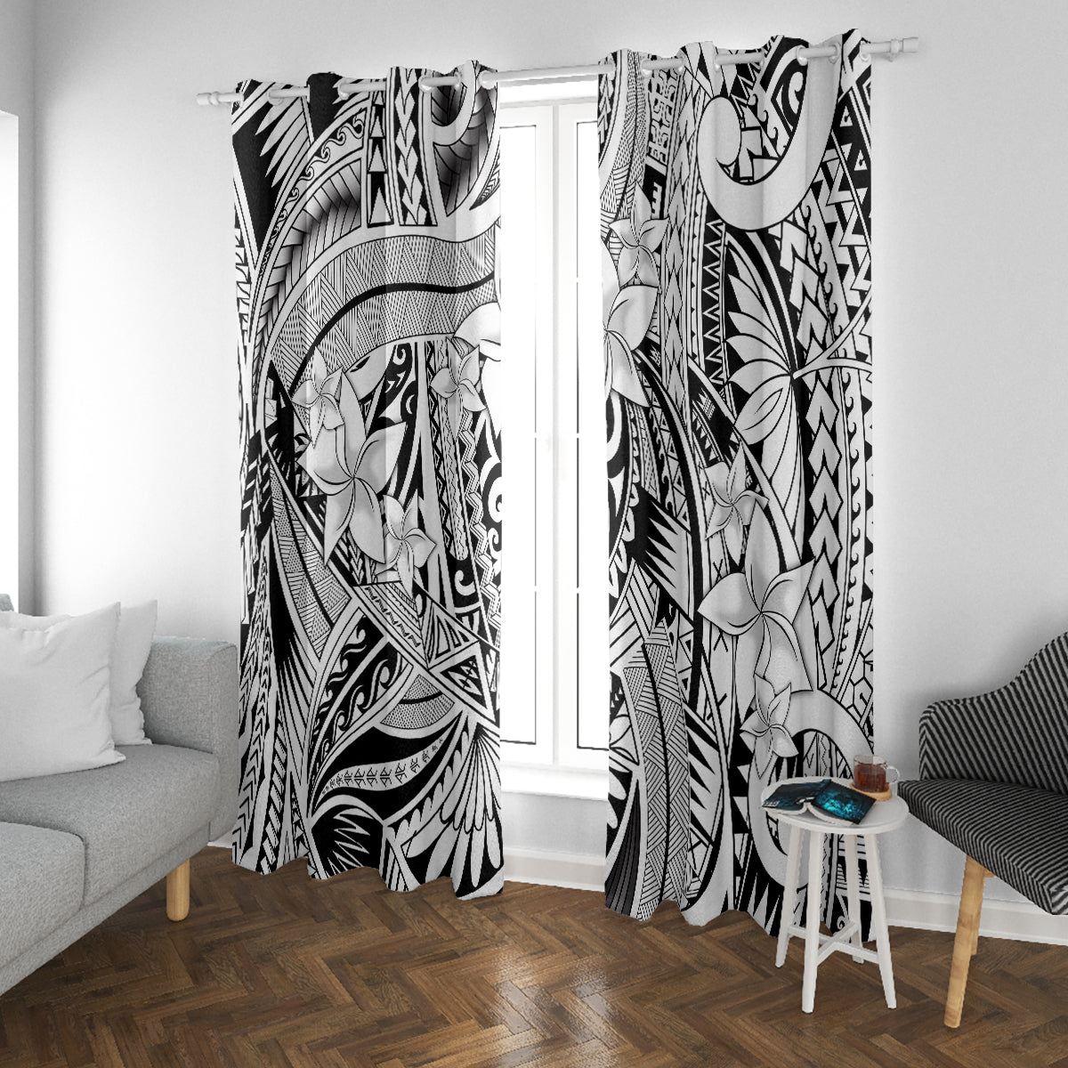Polynesia Window Curtain Tribal Polynesian Spirit With White Pacific Flowers - Wonder Print Shop