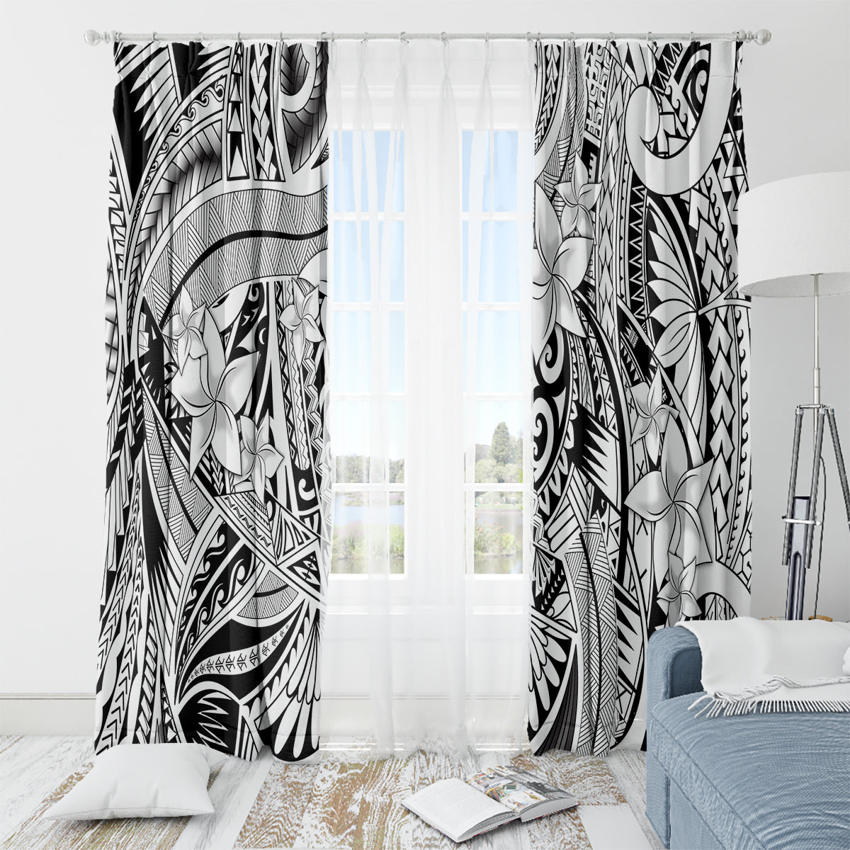 Polynesia Window Curtain Tribal Polynesian Spirit With White Pacific Flowers - Wonder Print Shop