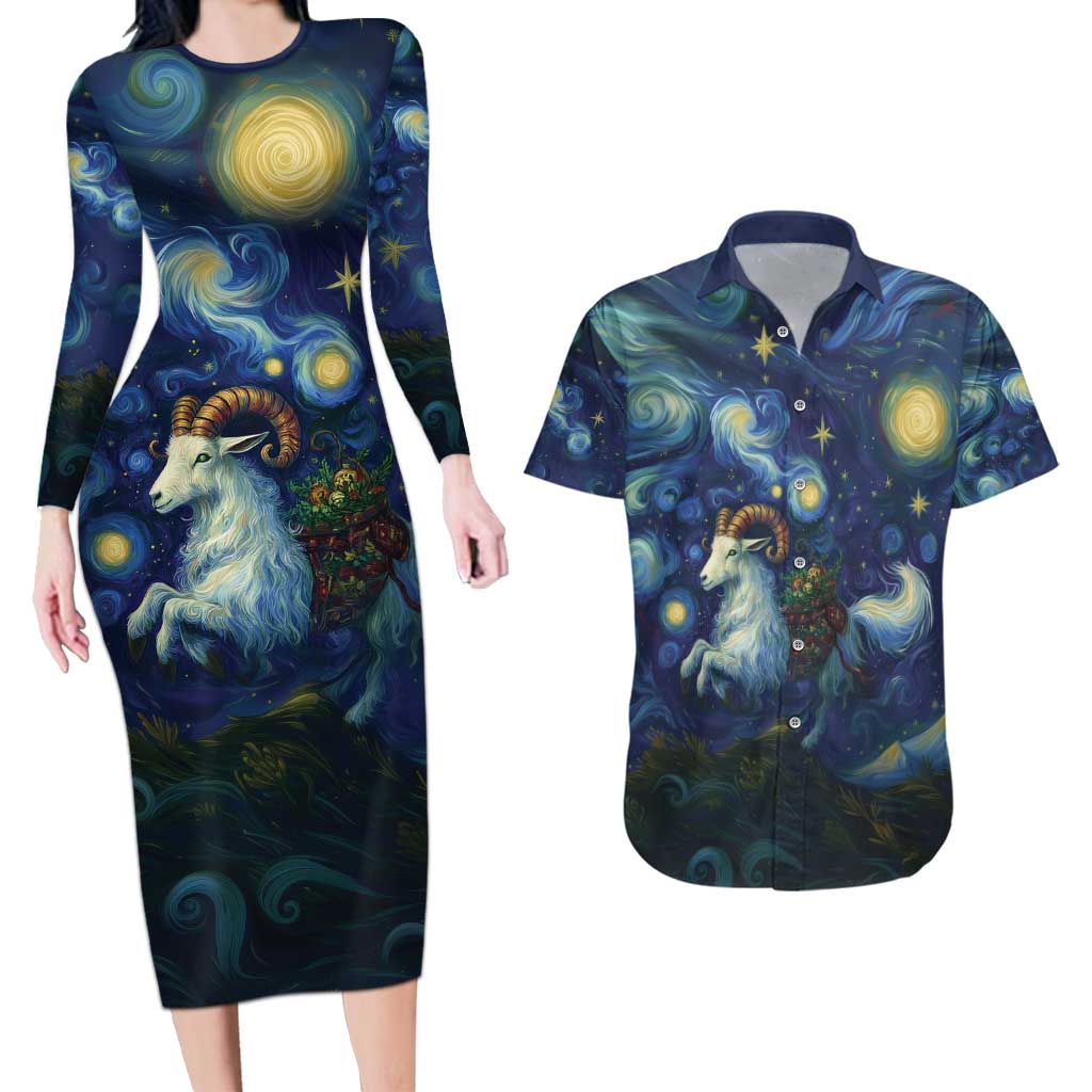Yule Goat Starry Night Couples Matching Long Sleeve Bodycon Dress and Hawaiian Shirt LT9 - Wonder Print Shop